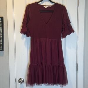 Boden Burgundy Midi Dress with Ruffled Sleeves Size 10